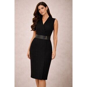 Calvin Klein Black Sheath Dress Faux Leather Belt Zip Front Size 10